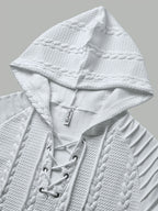 ROYALBOY Textured Jacquard Fabric Contrast Color Pleated Ribbed Sleeves Drawstring Design Fashionable Outdoor Casual Hooded Sportswear Top, Autumn Menswear - White