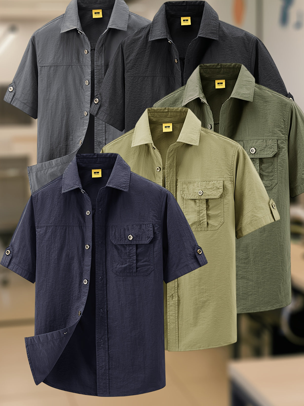 Men'S Vintage Light Utility Short Sleeve Shirt, Classic Lapel Metal Buttons, Skin-Friendly Breathable Fabric for Fresh Comfort, Casual Commute Streetwear Outdoor Leisure Versatile Single Layer Basic Top - Grey