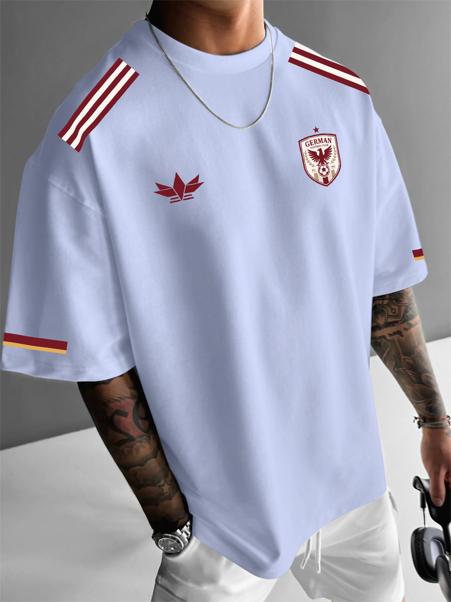 Street Style Men'S Trendy T-Shirt, Easy Team Badge Print And Side 3-Color Design, Casual Travel Fashion Outfit - Light Blue