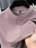 Men'S Henley Shirt Summer New Style, Solid Color Round Neck Top, Half-Button Placket, Button Closure Design, Layering with Thin Jacket, Versatile for Business Office, Golf Sports, Casual Outings, Short Trips, Father'S Day Gift, Men'S Gift - Pink Purple