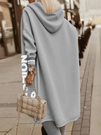 New Casual Fashion Printed Hooded Jacket, Soft -lined Mid-length Zip-up Jacket with Letter Print, Long-sleeve Outerwear for Women in Solid Colors for Autumn/winter, Comfortable Casual Attire for Women, Suitable for Indoor and Casual Outings 2A9790 - Silvery Grey