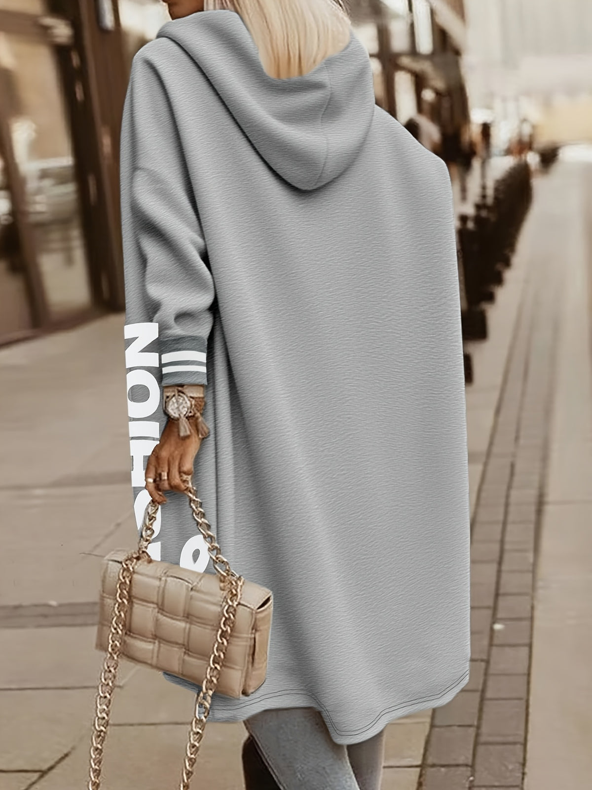 New Casual Fashion Printed Hooded Jacket, Soft -lined Mid-length Zip-up Jacket with Letter Print, Long-sleeve Outerwear for Women in Solid Colors for Autumn/winter, Comfortable Casual Attire for Women, Suitable for Indoor and Casual Outings 2A9790 - Silvery Grey