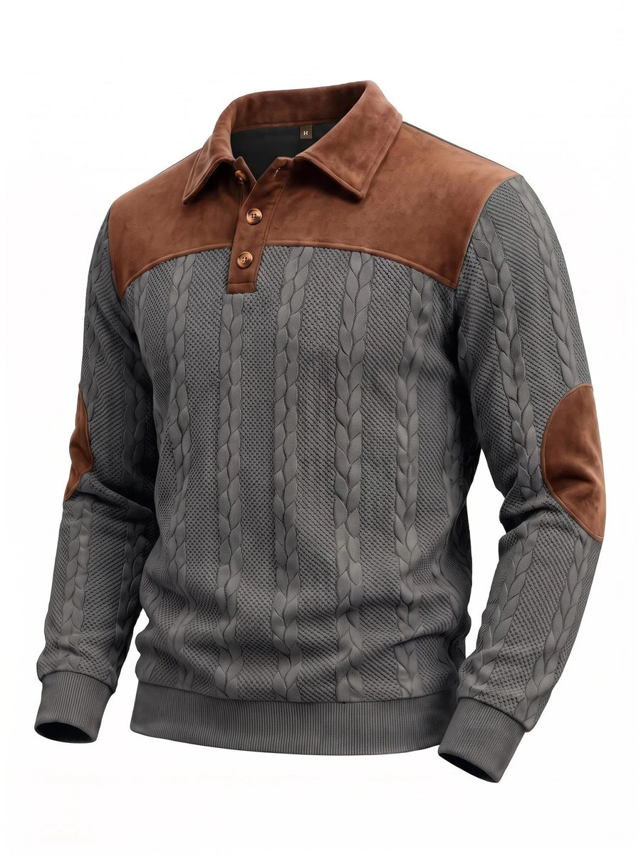 New Men's Autumn/Winter Brushed Ribbed Cable Knit Casual Color-Block Jacquard Long Sleeve Patchwork Plush Sport Henley High-Neck Top - Dark Gray