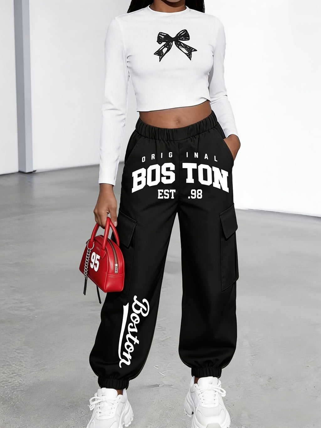 New Arrival - Women's Cargo Pants Sold Individually, Cute and Fun Patterned Letter Print Work Pants with Multiple Pockets, Featuring Digital Cartoon Patterns, Cargo Pants Style, Long Pants for Fashionable Aged 18-25, Machine Washable, Durable Fabric - Black