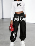 New Arrival - Women's Cargo Pants Sold Individually, Cute and Fun Patterned Letter Print Work Pants with Multiple Pockets, Featuring Digital Cartoon Patterns, Cargo Pants Style, Long Pants for Fashionable Aged 18-25, Machine Washable, Durable Fabric - Black