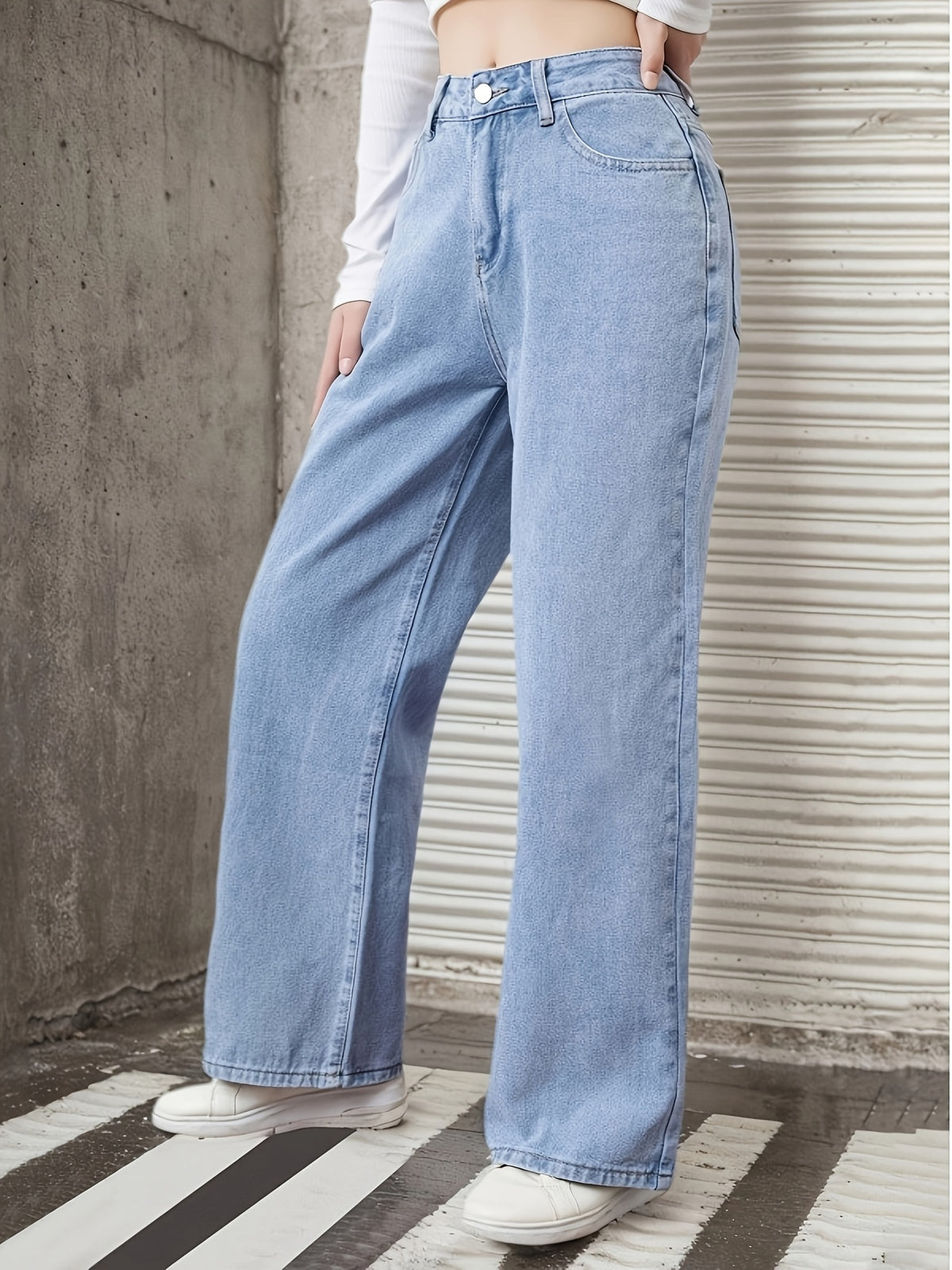 Women's Light Blue Non-Stretch Casual Versatile Loose-Fit Simple Straight-Leg Jeans, Suitable for All Seasons - Light Blue