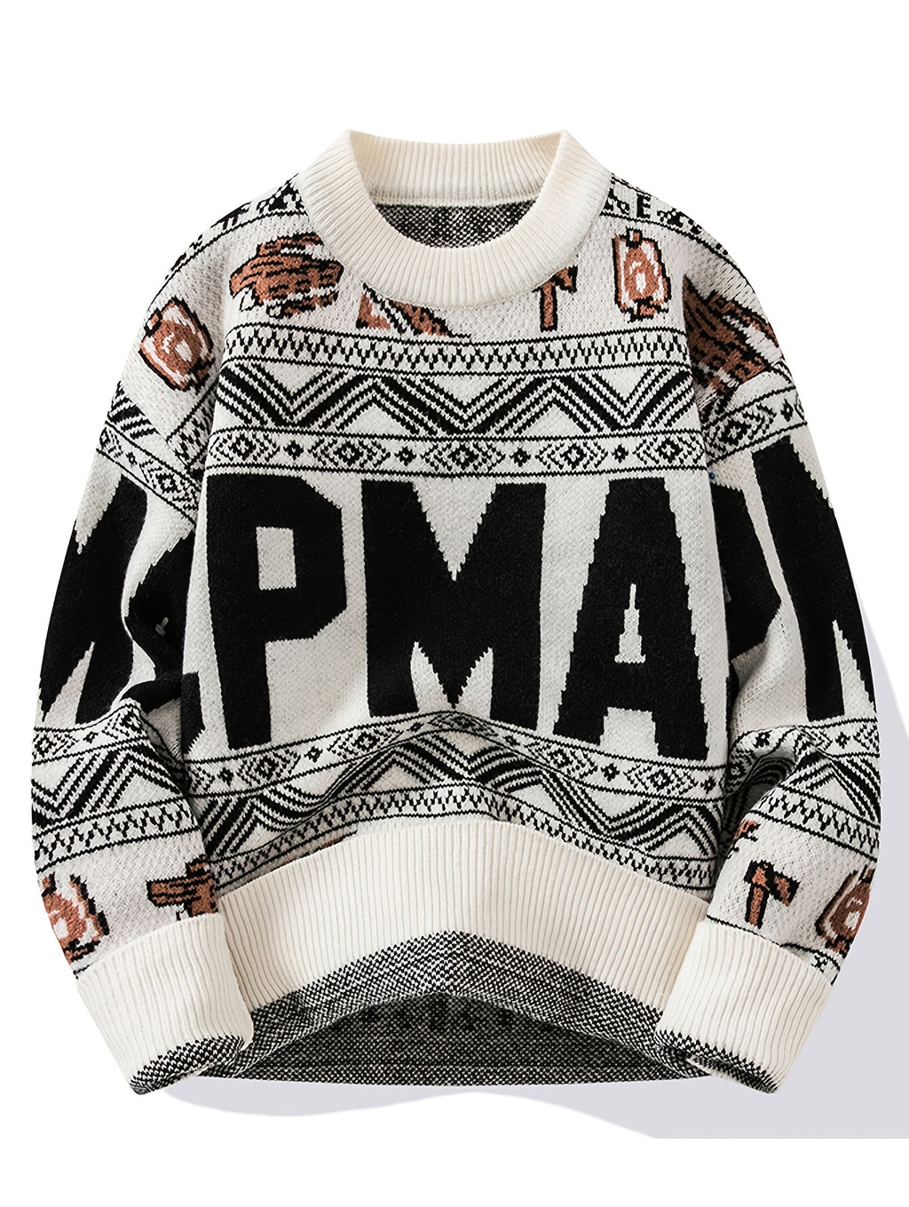 Men'S Multi-Color Ethnic Jacquard Knit Sweater, Round Neck Pullover with Geometric Letter Vintage Jacquard Pattern, Fashionable Casual Fall/Winter Fitted Style, Trendy Top for Middle-Aged Men - Apricot