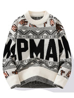 Men'S Multi-Color Ethnic Jacquard Knit Sweater, Round Neck Pullover with Geometric Letter Vintage Jacquard Pattern, Fashionable Casual Fall/Winter Fitted Style, Trendy Top for Middle-Aged Men - Apricot