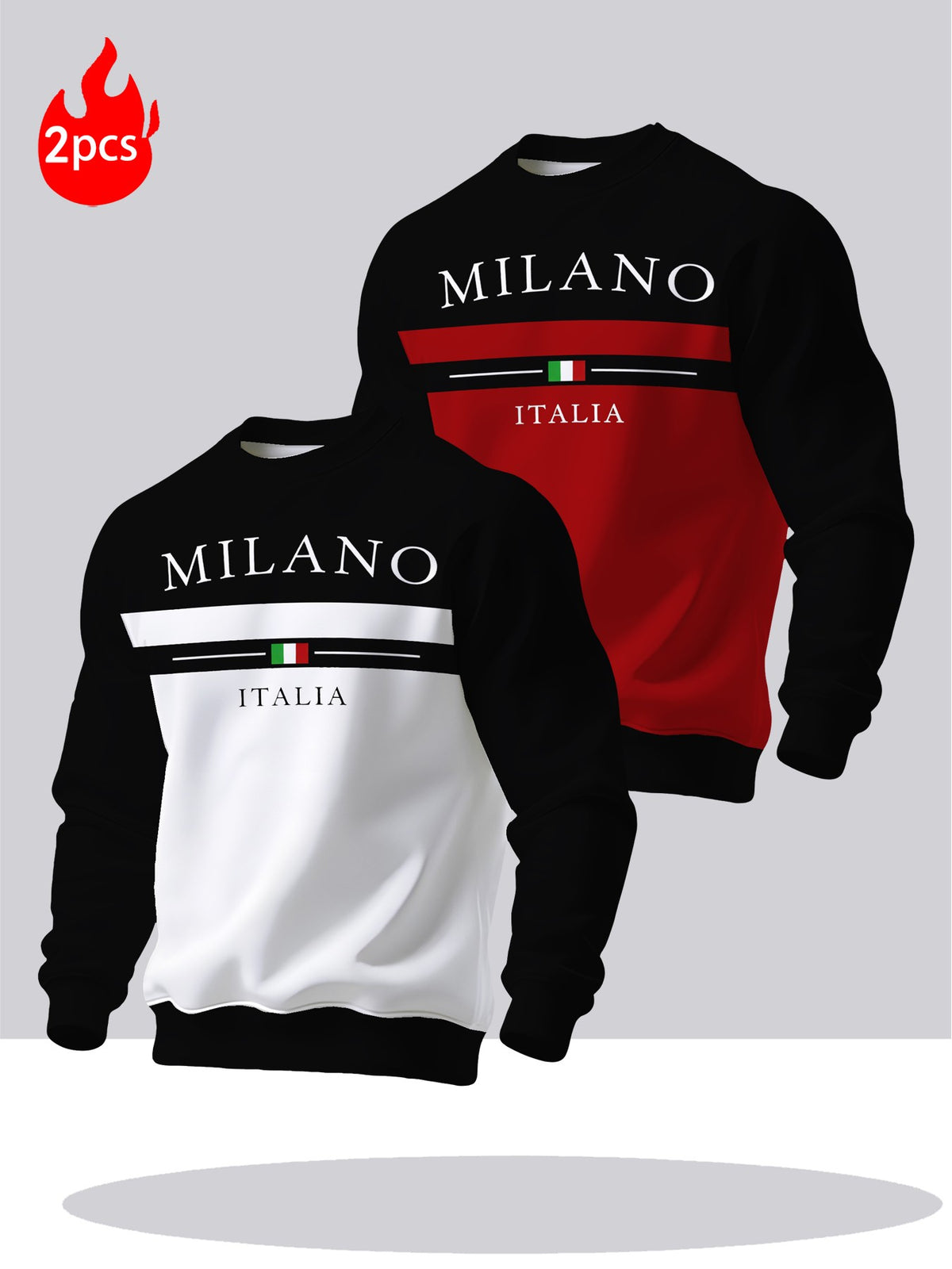 2pcs Men's Crew Neck Sweatshirt - Casual Printed Top, Outdoor Leisure Crew Neck Sweatshirt, Basic Versatile Style with Print - Mixed colors