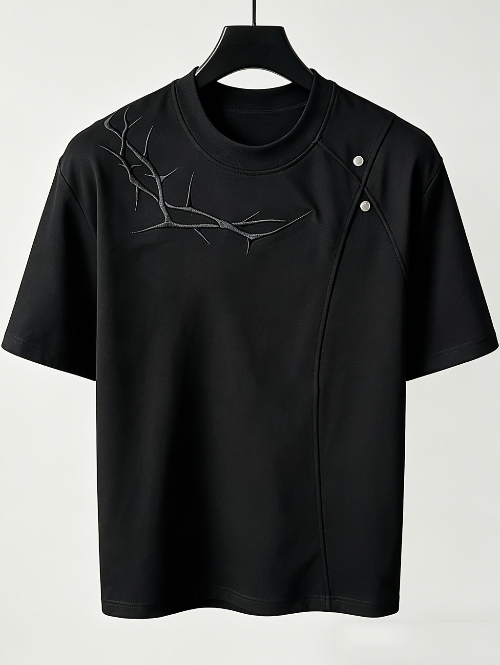 Men'S Casual Sports T-Shirt Rivet Patchwork Thorn Embroidery Short Sleeve Summer Cool Premium Shoulder Top in Stock - Black