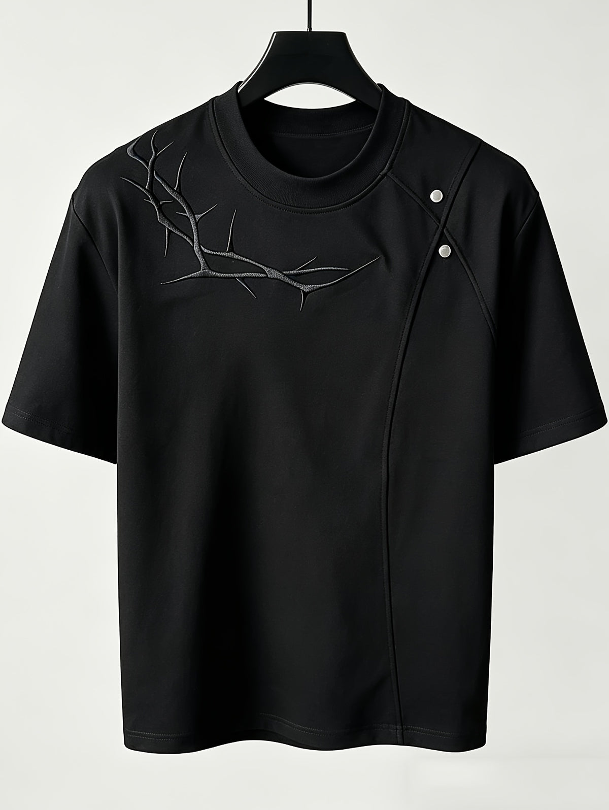 Men'S Casual Sports T-Shirt Rivet Patchwork Thorn Embroidery Short Sleeve Summer Cool Premium Shoulder Top in Stock - Black