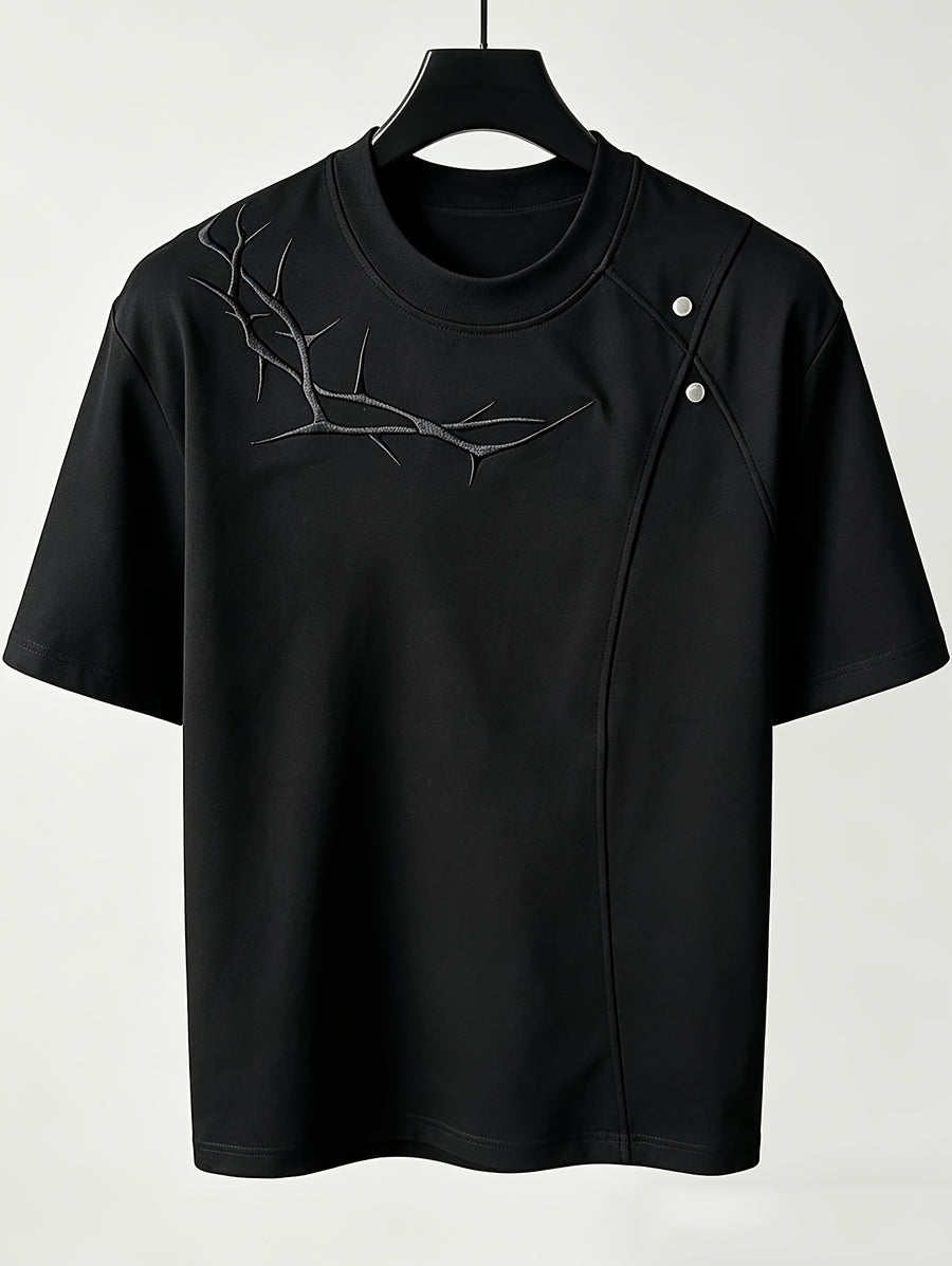 Men'S Casual Sports T-Shirt Rivet Patchwork Thorn Embroidery Short Sleeve Summer Cool Premium Shoulder Top in Stock - Black