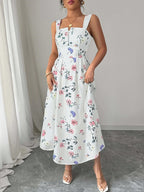 Women's Vintage Square Neck White Floral Print Camisole Dress, Featuring a Effect, Vintage Elegant Vacation Style, Suitable for Summer Dates and Casual Wear in Spring and Summer. Machine Washable - Apricot
