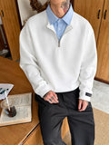 Men's 2-in-1 Look Lapel Long-Sleeve Shirt Sweatshirt with Half-Zip Design, Color-Block Patchwork, Layering Top, Commuting and Casual Pullover Shirt - White