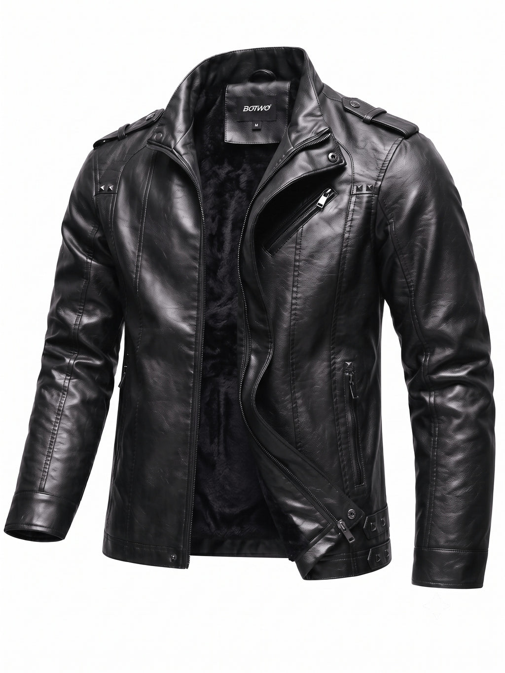Men's PU PU Leather Biker Jacket with Warm Plush Lining, Stand Collar, Asymmetrical Zip Front, Multiple Zipper Pockets, Shoulder Tabs and Stud Accents for Fall/Winter  Commuting, Travel, Streetwear, Dating and Daily Wear - Black