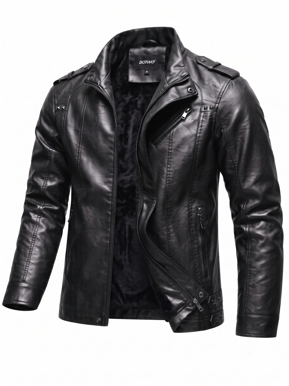 Men's PU PU Leather Biker Jacket with Warm Plush Lining, Stand Collar, Asymmetrical Zip Front, Multiple Zipper Pockets, Shoulder Tabs and Stud Accents for Fall/Winter  Commuting, Travel, Streetwear, Dating and Daily Wear - Black