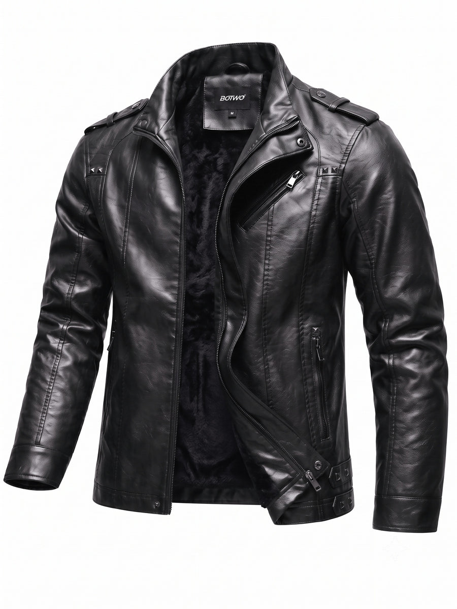 Men's PU PU Leather Biker Jacket with Warm Plush Lining, Stand Collar, Asymmetrical Zip Front, Multiple Zipper Pockets, Shoulder Tabs and Stud Accents for Fall/Winter Commuting, Travel, Streetwear, Dating and Daily Wear - Black