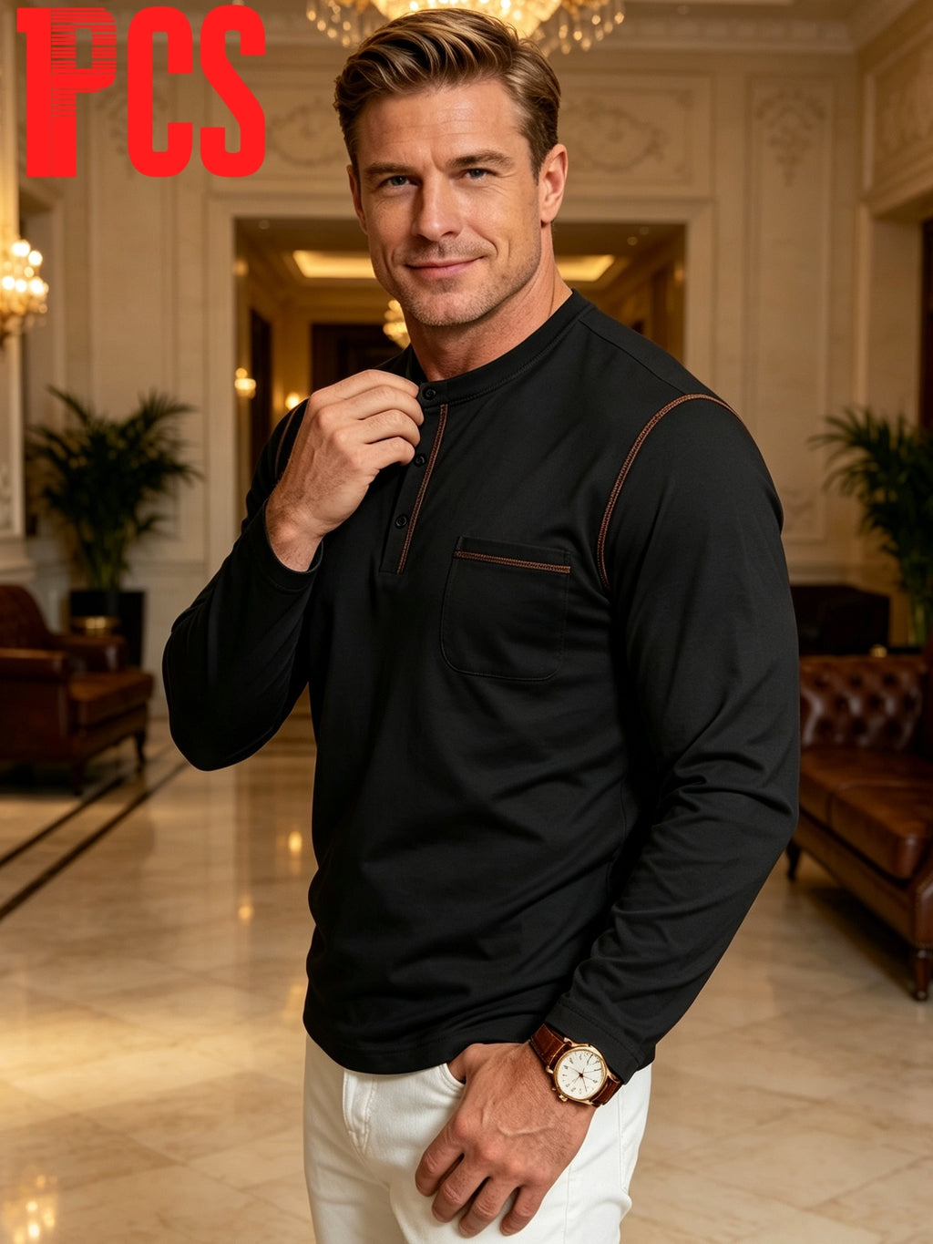 Men's Vintage Topstitch Henry Shirt Long Sleeve T-Shirt, Casual Versatile Light Business Crew Neck Half-Open Placket Pocket Top, Commuting Loose Fit Base Layer - Without Gift Box Packaging - Black