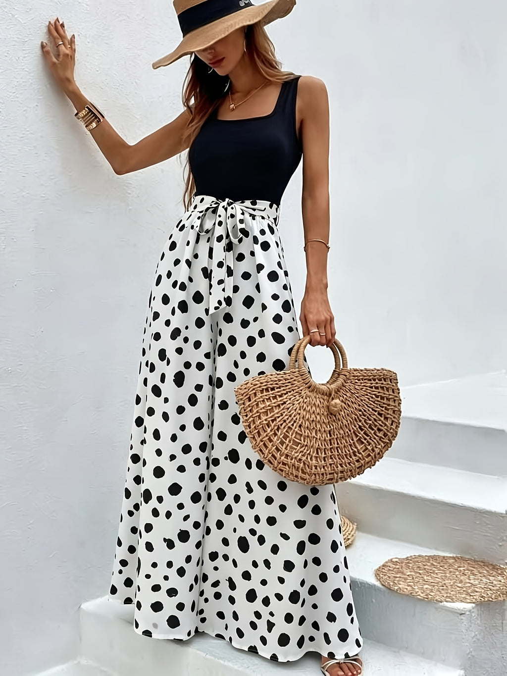 Dalmatian Print Wide Leg Belted Jumpsuit - White