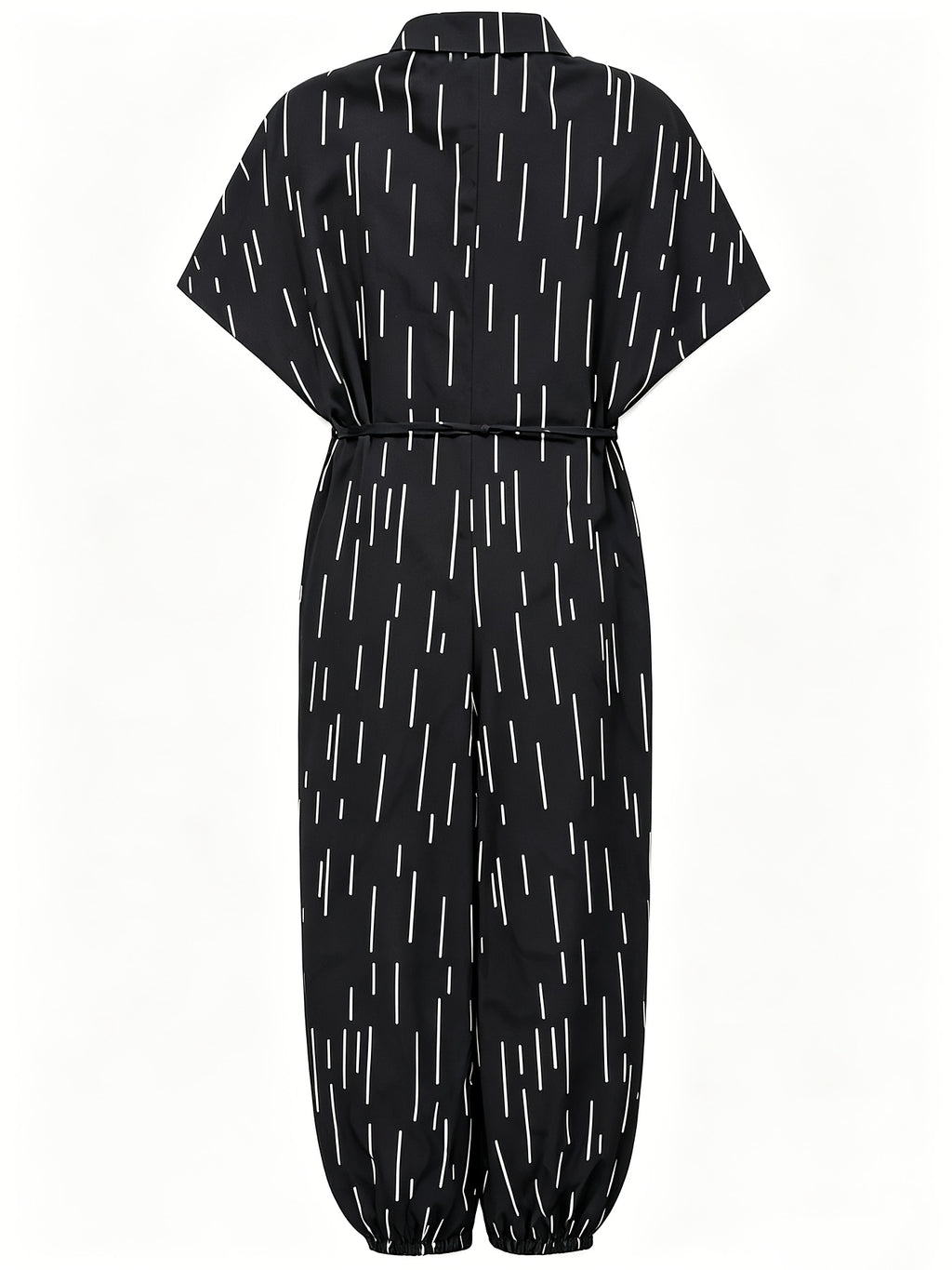Summer Lapel Short-sleeve Printed Jumpsuit with Front Button Design, Comfortable to Wear, Elegant and Casual Overall for Women, Batwing Sleeve Design, Wide-leg Design with Front Tie, Suitable for Dates, Work, Vacations, Festivals, and Casual Wear - Black