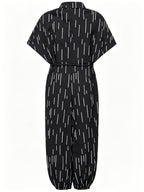 Summer Lapel Short-sleeve Printed Jumpsuit with Front Button Design, Comfortable to Wear, Elegant and Casual Overall for Women, Batwing Sleeve Design, Wide-leg Design with Front Tie, Suitable for Dates, Work, Vacations, Festivals, and Casual Wear - Black