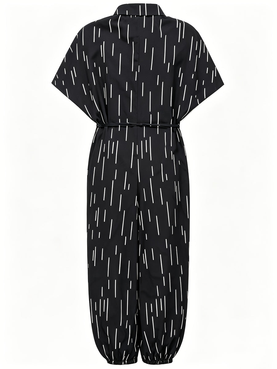 Summer Lapel Short-sleeve Printed Jumpsuit with Front Button Design, Comfortable to Wear, Elegant and Casual Overall for Women, Batwing Sleeve Design, Wide-leg Design with Front Tie, Suitable for Dates, Work, Vacations, Festivals, and Casual Wear - Black