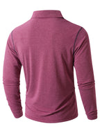 KJ-P029 Men's Long Sleeve Henley Shirt with Contrast Color Placket and Pocket Design, Stretchy, Comfortable, and Casual Polo for Daily Commuting Wear - Pink
