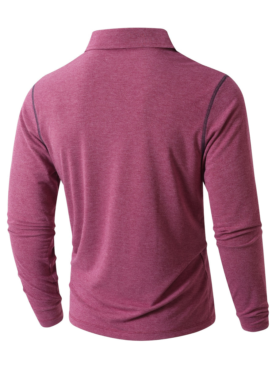 KJ-P029 Men's Long Sleeve Henley Shirt with Contrast Color Placket and Pocket Design, Stretchy, Comfortable, and Casual Polo for Daily Commuting Wear - Pink