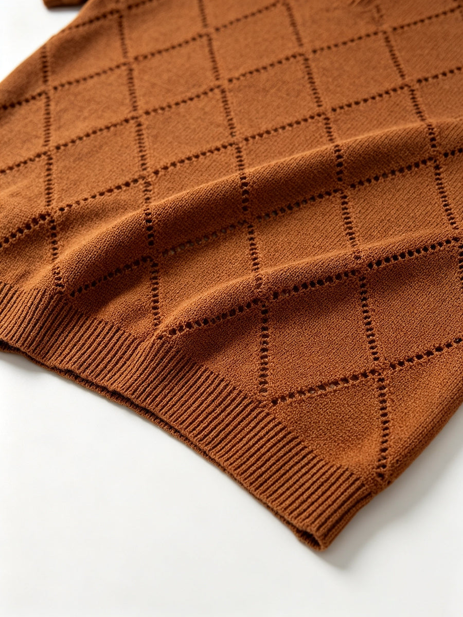 Men's Polo Collar Short Sleeve Knit Shirt, Textured Knit Top, V-Neck Lapel, Breathable Casual Pullover - Coffee Color