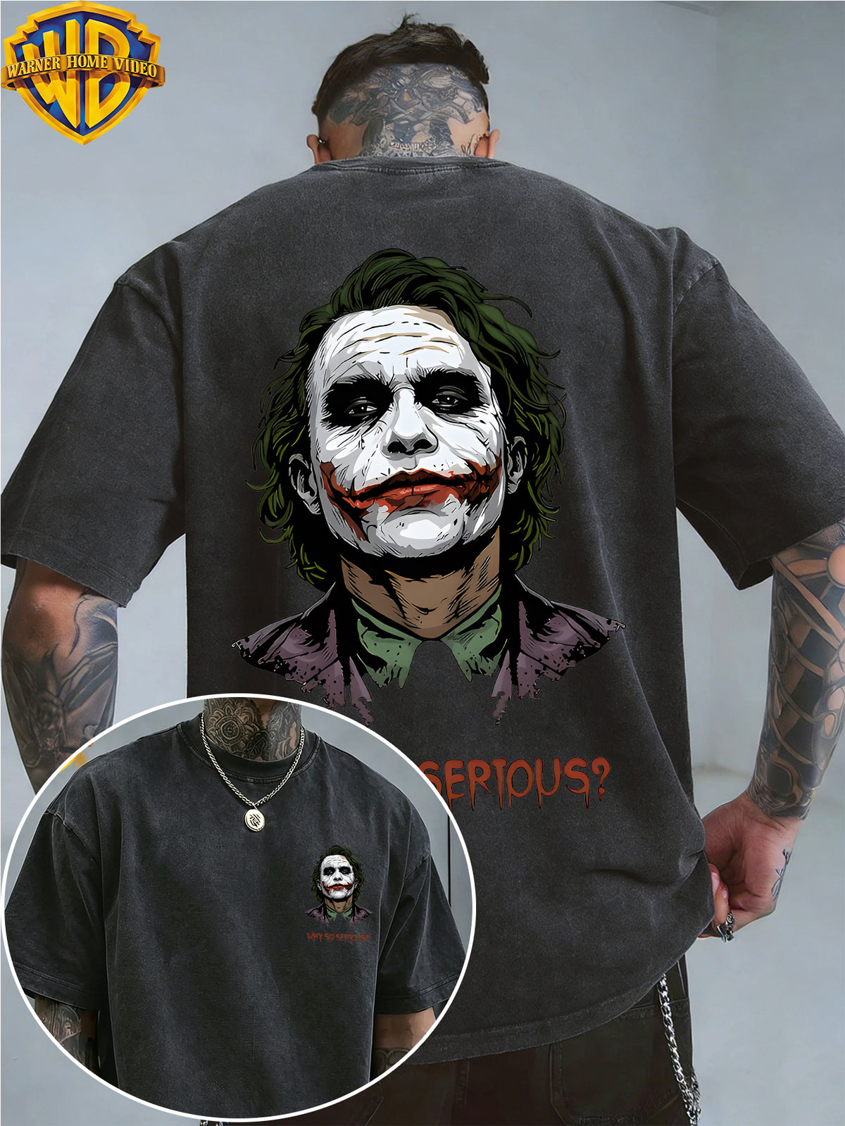 Warner Genuine Authorization, Men's Short Sleeved Heath Ledger Clown Print Pattern, American Retro Washed Distressed T-shirt, Suitable for Outdoor Sports, Daily Commuting, Machine Washable - Black
