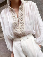 Spring and Autumn Fashionable Elegant Hollow-Out Lace Patchwork Pleated Loose-Fit Women's Long-Sleeve Shirt - White