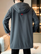 Men'S Plus Size Trench Coat with Hood, Medium Length Loose Casual Jacket - Medium Grey