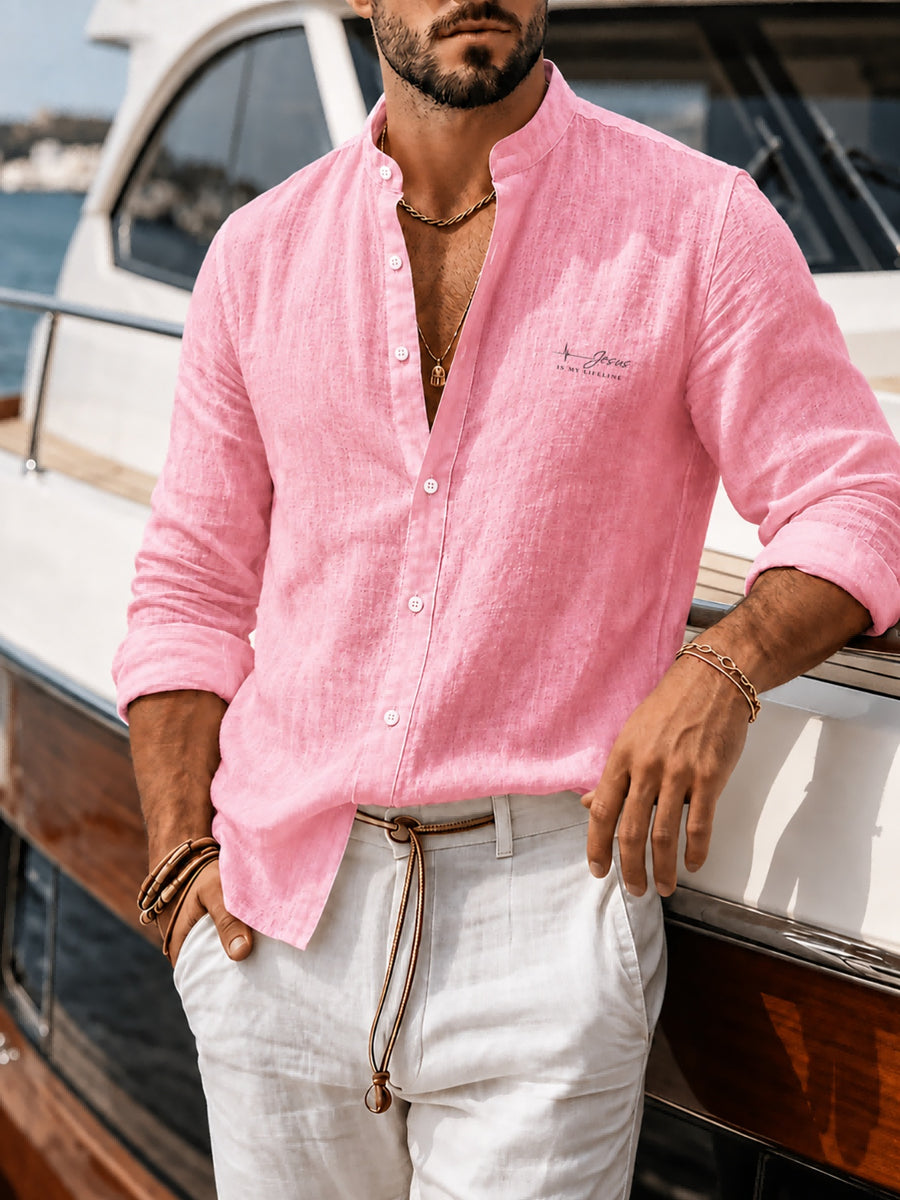Men'S New Style Faux Linen Stand Collar Button-Up Shirt - Literary, Introverted, Fashionable, Versatile, Relaxed Texture, Trendy Loose Fit - Suitable for Beach, Vacation, Office, Formal And Casual Wear - pink color