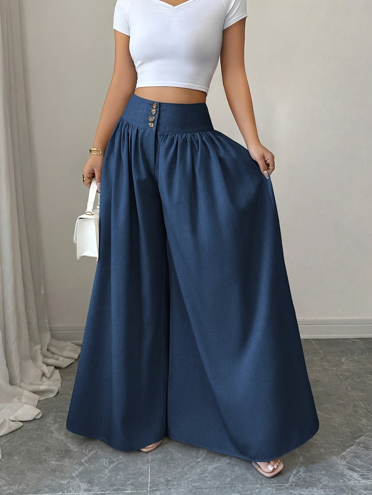 Women's Spring/Summer Waist-Cinching Long Wide-Leg Pants with Pockets, Size 25 - Navy Color