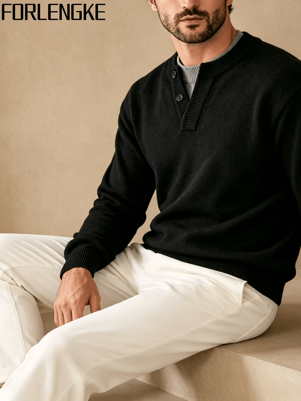 FORLENGKE Fall and Winter Men's Henry Collar Button Knit Sweater, Vintage Style Pullover, Casual and Commuter-Friendly, Simple and Versatile Top for Young and Middle-Aged Men, Comfortable and Skin-Friendly Knit for Layering or Wearing Alone - Black