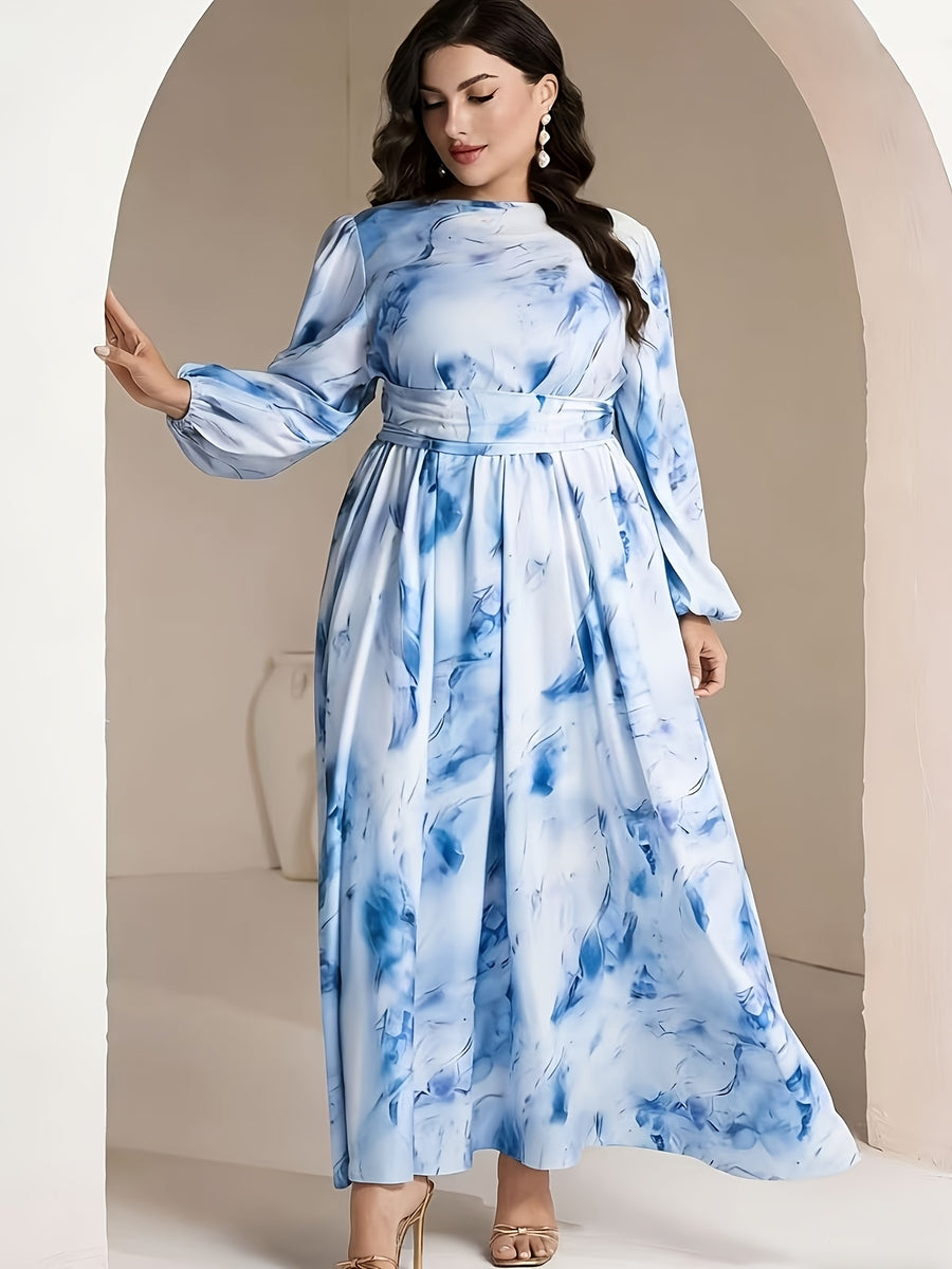 Plus Size, 2025 New Four Seasons Elegant Crinkle Floral Print Loose Fit Plus Size Dress - Vibrant Blue