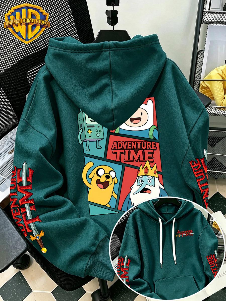 Adventure Time 4-Panel Comic Cartoon Pattern Print Hooded Sweatshirt - Men'S Casual All-Match Pullover, Comfortable Autumn/Winter Wear, for Sports, Outdoors, Picnics, Travel, Daily/Commute/Home Choice, Perfect Gift for Lovers And Friends - Unisex - Green