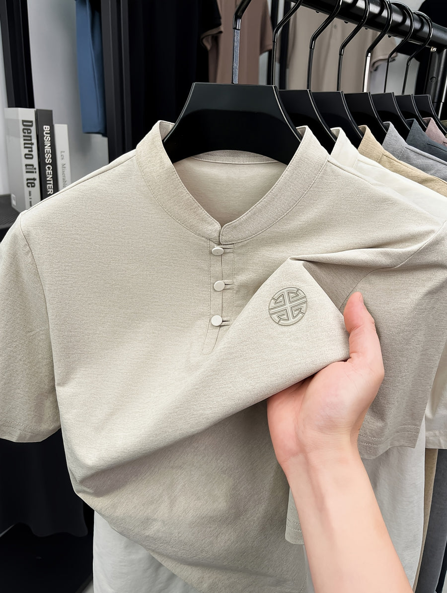 Men's Chinese Mandarin Button-Up Stand Collar T-Shirt - Breathable Loose Fit Short Sleeve Round Neck Top with Mandarin Collar, Suitable for Casual Wear, Traditional Chinese Style Button Collar Shirt - Beige Apricot