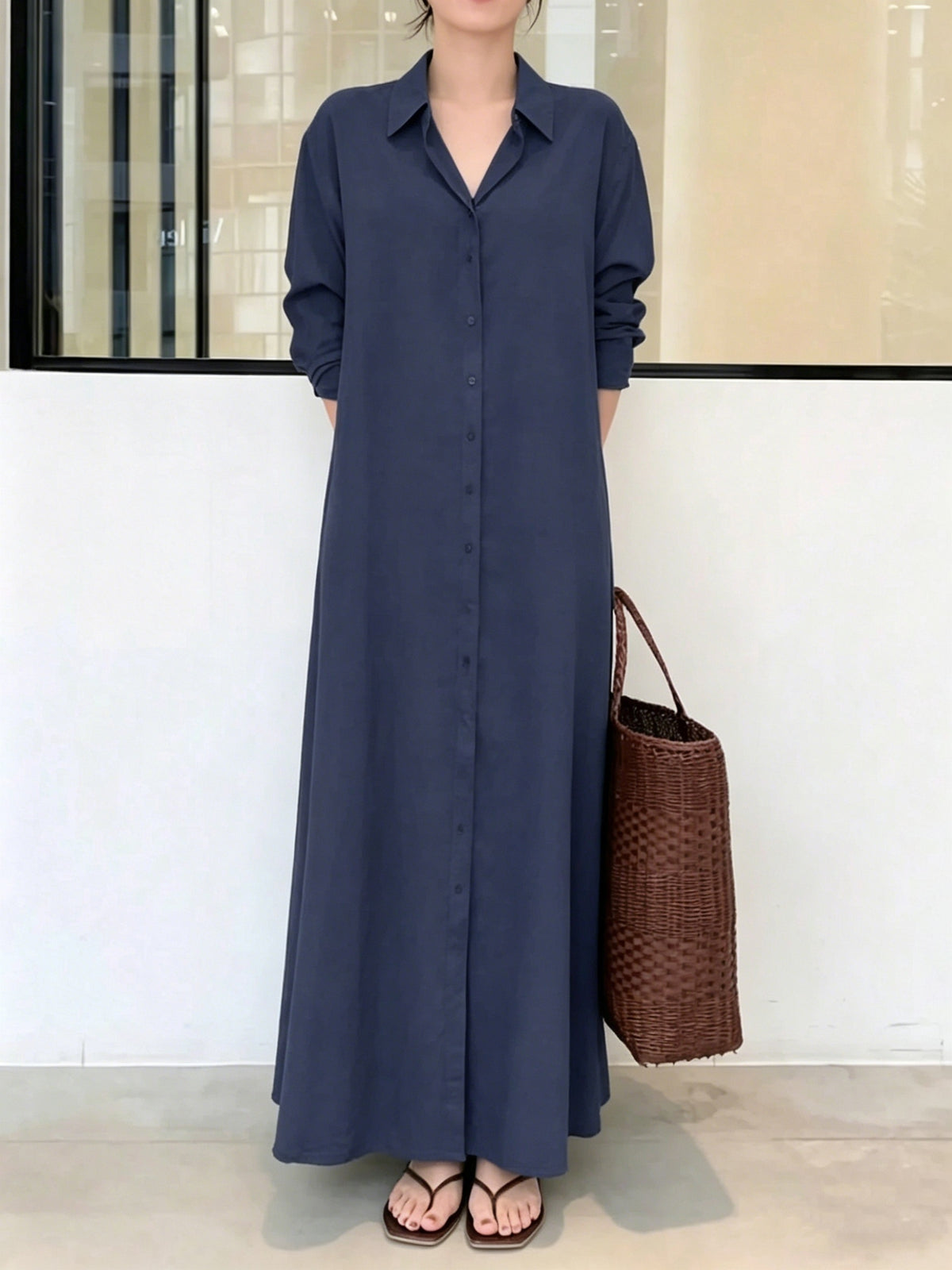 Women's Button- Shirt Dress with Long Sleeves and Pockets, Spring Shirt Collar Autumn Dress - Navy Color