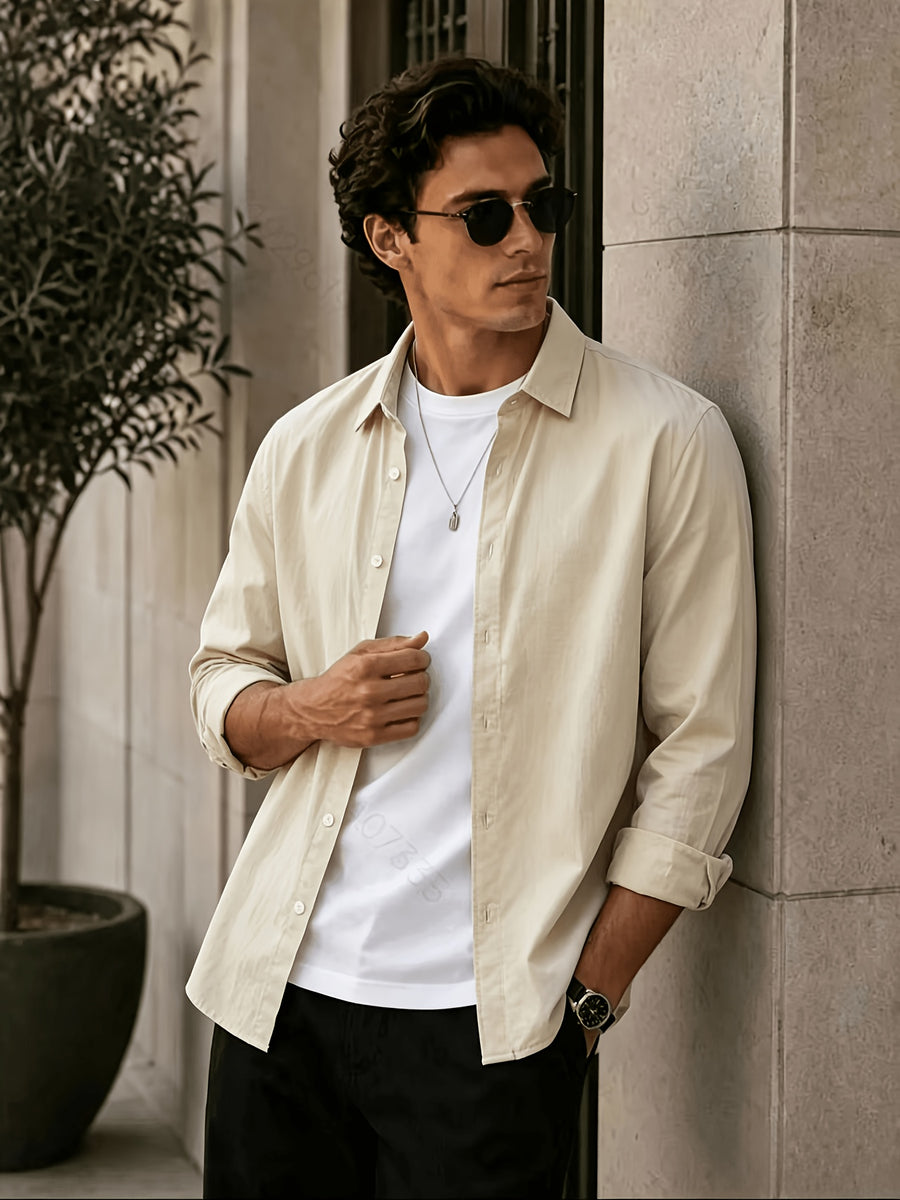 Men'S Long Sleeve Casual Shirt for Summer, Lightweight, Breathable And Comfortable. Slim-Fit And Versatile with Relaxed Cut, Ideal for Daily Commuting And Travel Outfits. (Shirt solely) - Khaki