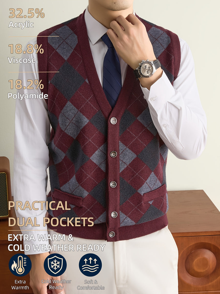 New Autumn/Winter Men's Knitted Vest with V-Neck, Tie Pockets, and Rhombus Pattern Design. Warm, Cold-Resistant, Soft, and Comfortable Sweater Vest. Simple, Elegant, and Versatile, Suitable for Daily, Business, Casual, and Camping Wear. The First - Burgundy