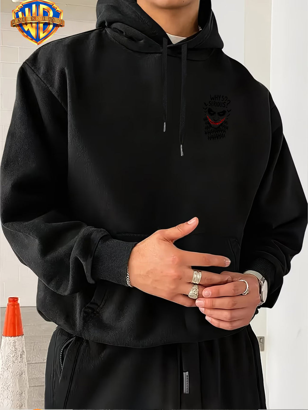 Licensed by Warner Bros., Trendy Cool Dark Distressed Joker Head, Classic Quote Slogan Bat Silhouette Street Retro Graffiti Trendy Cool Print Men'S Fashion Hooded Sweatshirt, Sleeve Print Design, Kangaroo Pocket, Drawstring Hood - Black