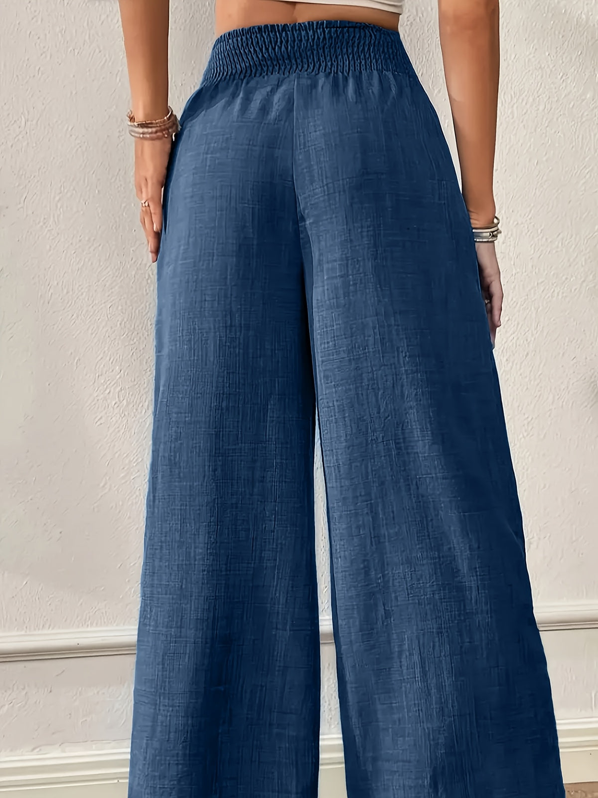 New Women'S High-Waist Wide-Leg Pants, Elastic Waist Straight-Leg Long Trousers, Elegant Wide-Leg Trousers Suitable for Casual And Formal Occasions, Office, And Semi-Formal Wear - Navy Color