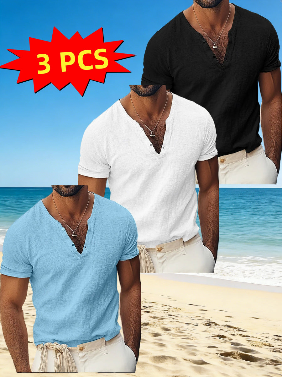 Men'S 3pcs Set of Henley Short-Sleeve Shirts, Breathable Comfortable Casual V-Neck Tops, Suitable for Summer And Daily Wear - Black+white+sky Blue