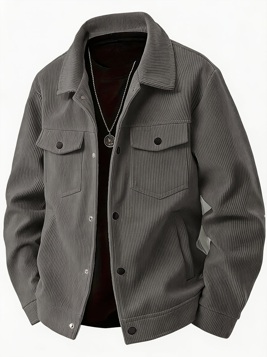 [Pearson OBM] Autumn Hot Style Retro Style Lapel Men'S Solid Color Easy Comfortable Warm Corduroy Cargo Jacket, Encountering Pre-Modern Cross-Border Fashion Jacket 2pcs Set - Grey+Blue