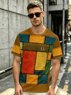 Patchwork Geometric Fabric Texture Pattern Crew Neck TShirt Unisex Casual Vintage Streetwear Relaxed Fit Travel Party Outdoor Daily Gym - Mixed colors