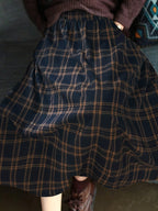 Women's Spring/autumn Casual/vacation Style Side Pocket Elastic Waist Vintage Plaid A-line Long Skirt - Navy blue color
