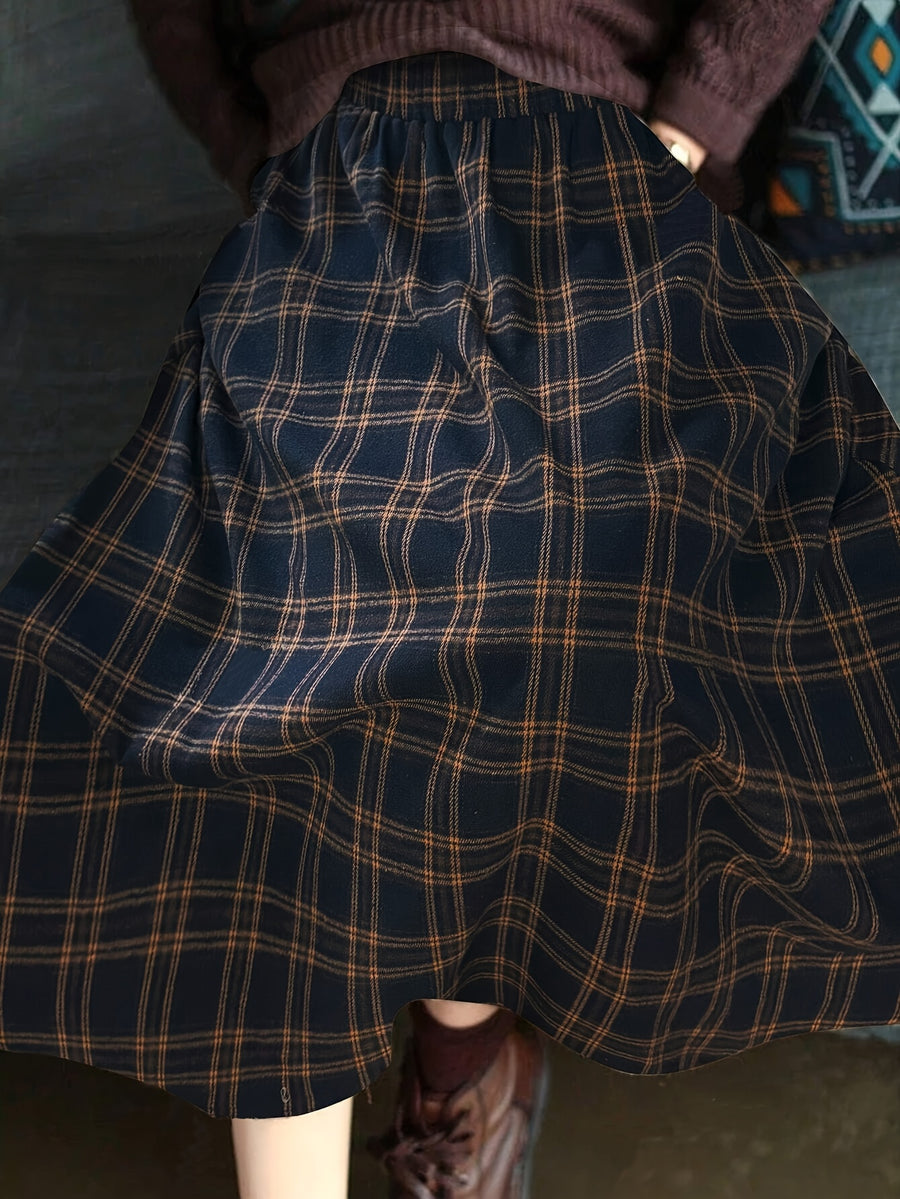 Women's Spring/autumn Casual/vacation Style Side Pocket Elastic Waist Vintage Plaid A-line Long Skirt - Navy blue color