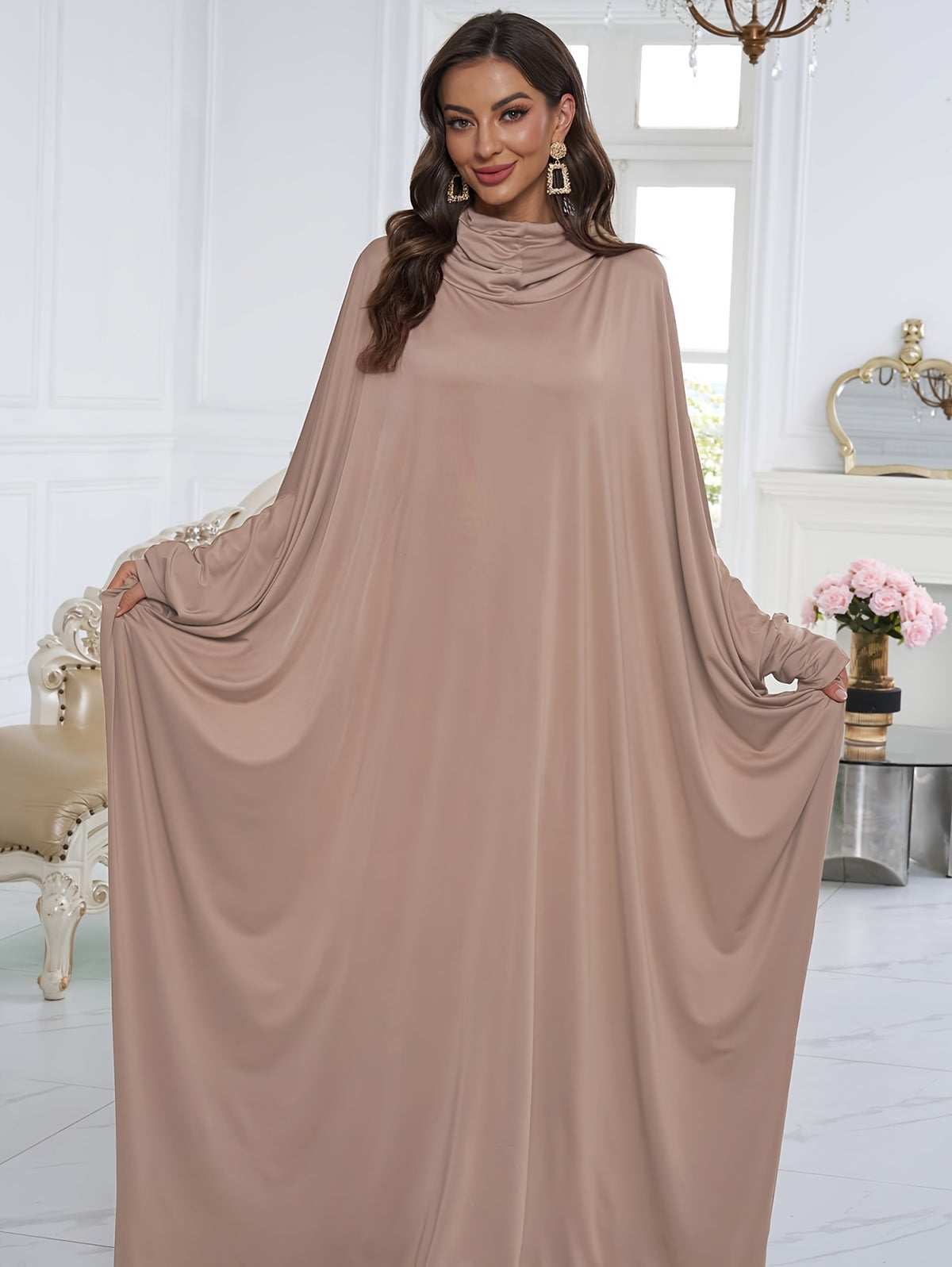 1pc Elegant And Fashionable Hooded One-Piece Abaya Été Abaya Femme Women Abaya Muslim Dress Robe Été Abaya Femme Prayer Jilbab - Pale Pinkish Gray