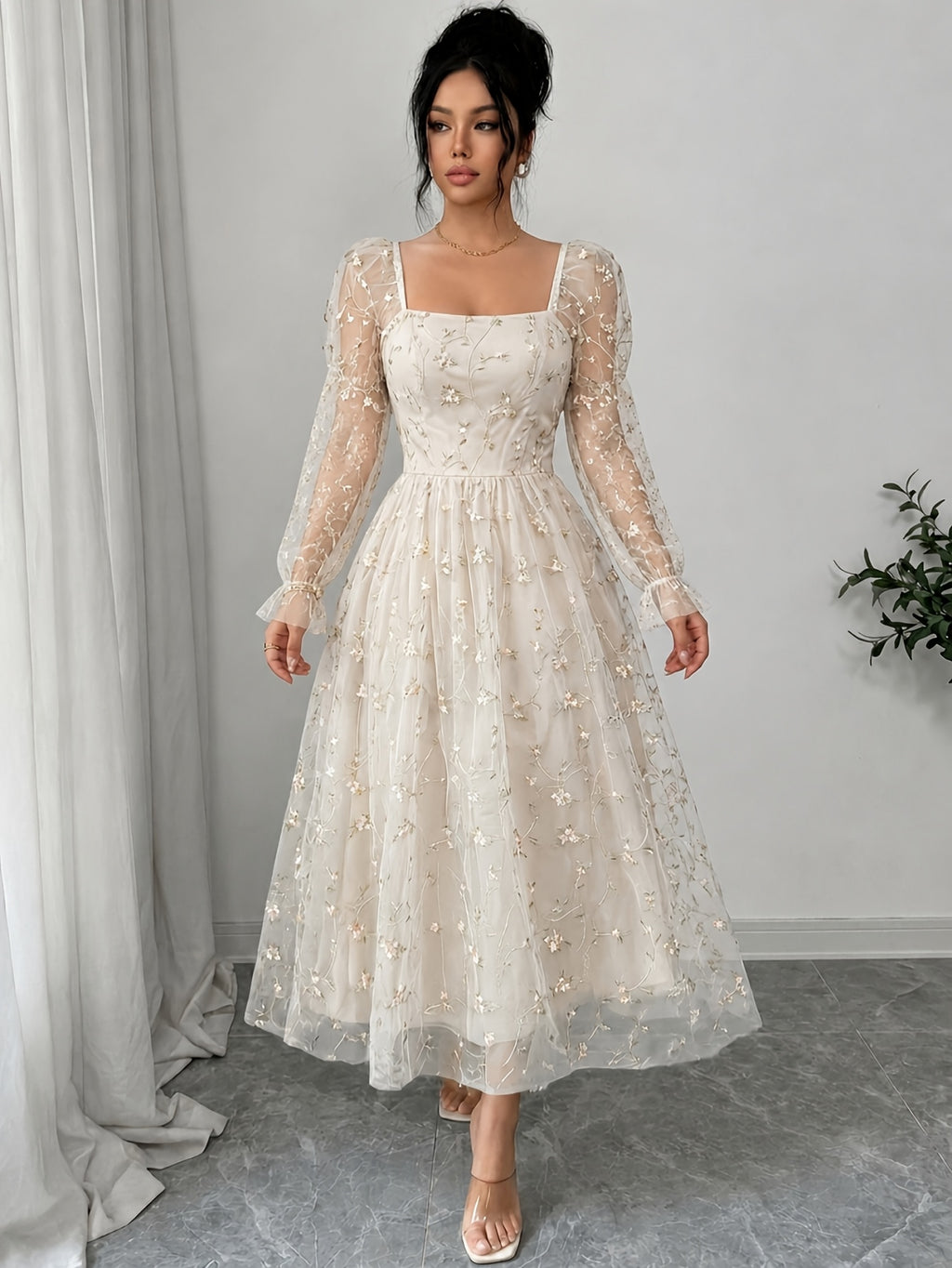 Directional Elegant Women'S Clothing Mesh Embroidered Solid Color Long Sleeve Dress - Apricot